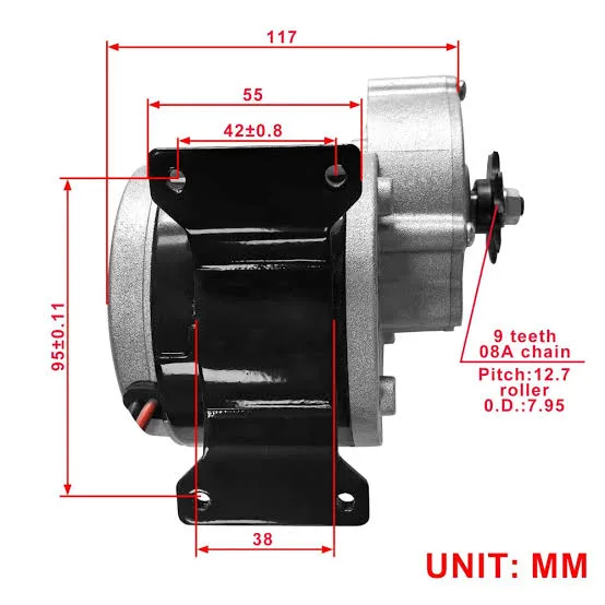 Moteur électrique 24V 350W avec réducteur et pignon à 9 dents,